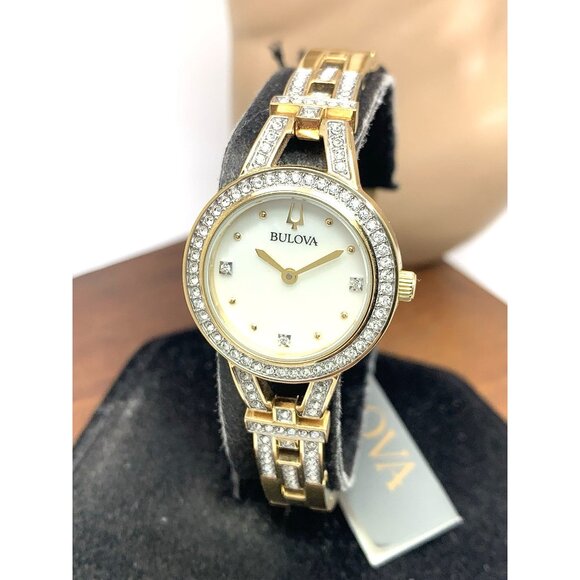 Bulova Women's Watch 98L325 Mother of Pearl Dial Gemmed Gold Steel 25mm - Picture 1 of 14